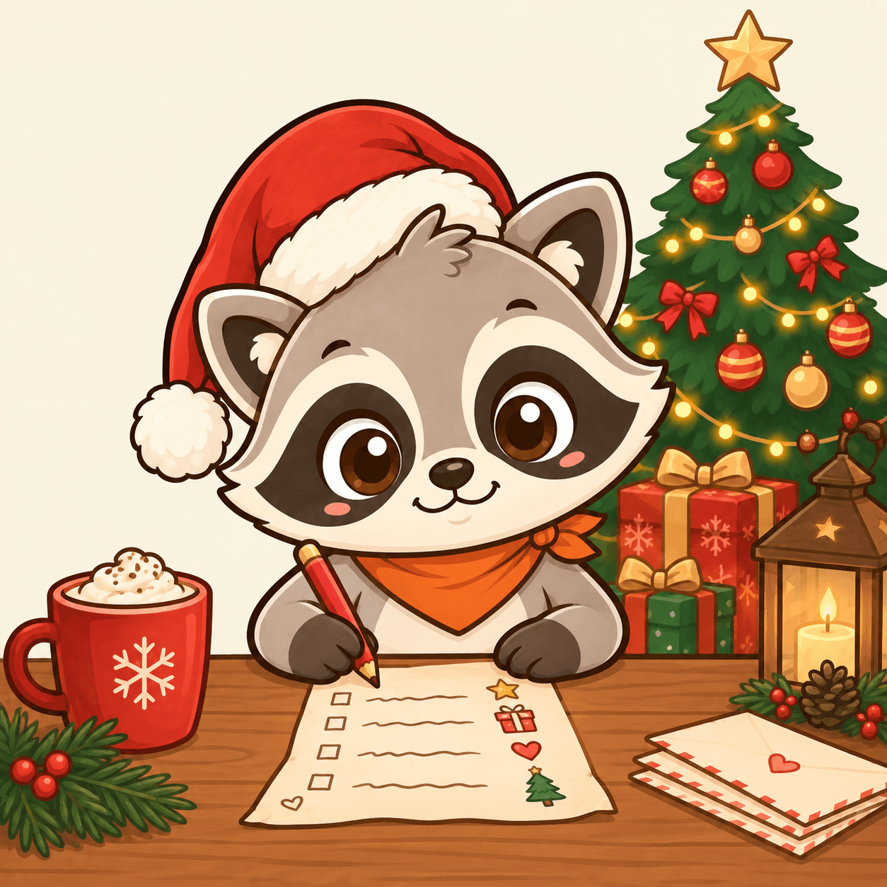 Waschbär mit einer verschenkten Weihnachtskistli-Geschenkkiste